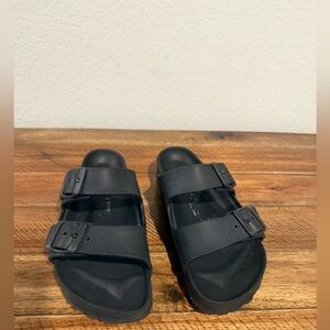 Black Double Strap Slip-On Sandals